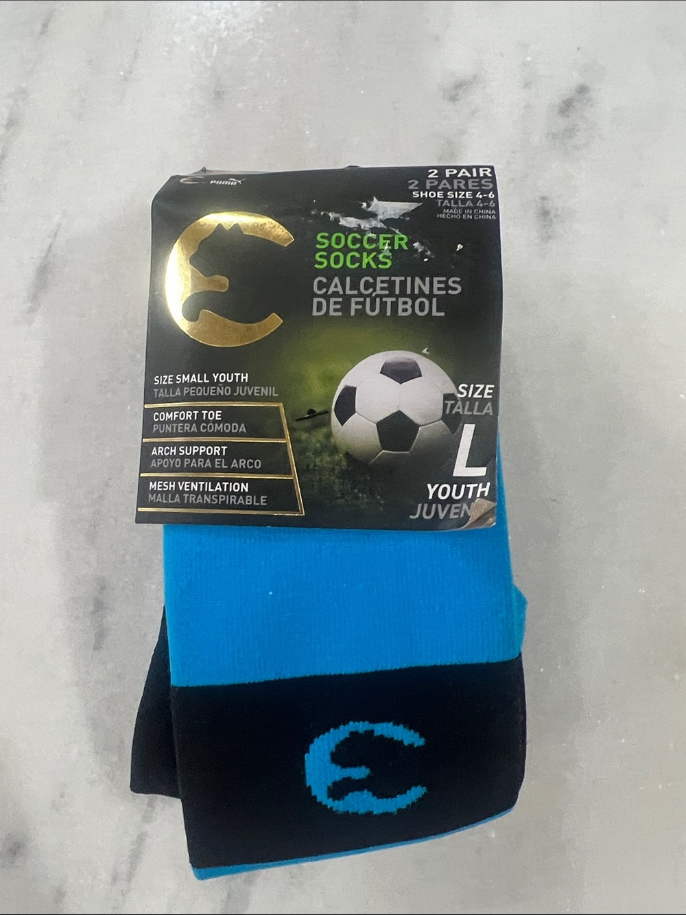 Puma Youth Soccer Socks - Black & Bright Blue shoe size 4-6